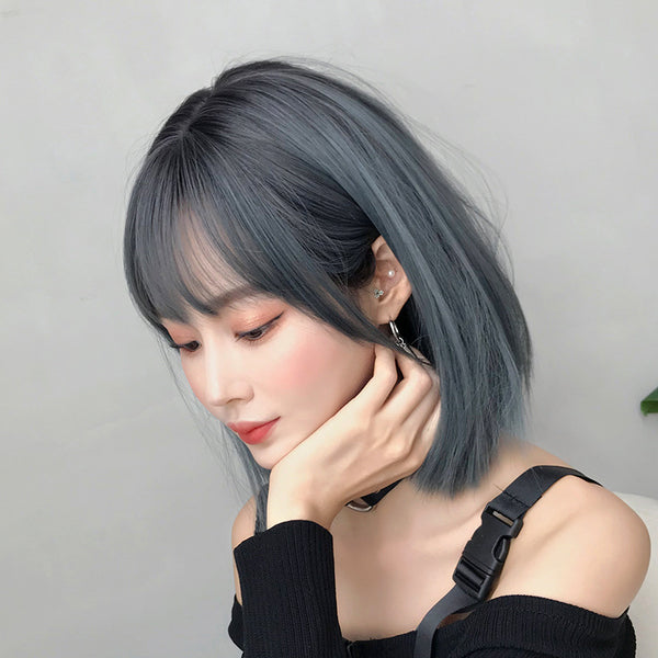 Cyan gray short straight hair wig  KF90091