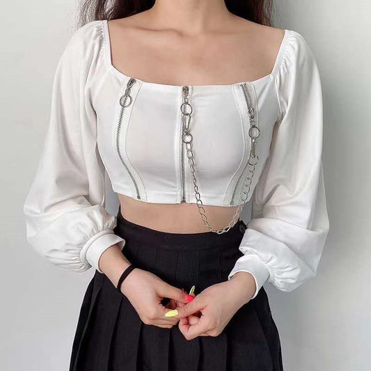 "DARK CHAIN SQUARE COLLAR PUFF SLEEVE" TOP KF1003