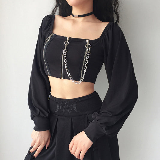 "DARK CHAIN SQUARE COLLAR PUFF SLEEVE" TOP KF1003