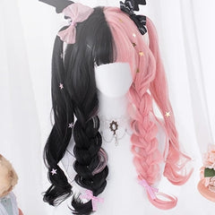 Black pink long curly wig KF81474