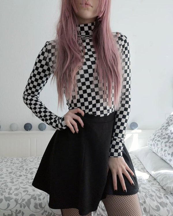 High collar plaid long-sleeved t-shirt  KF20067