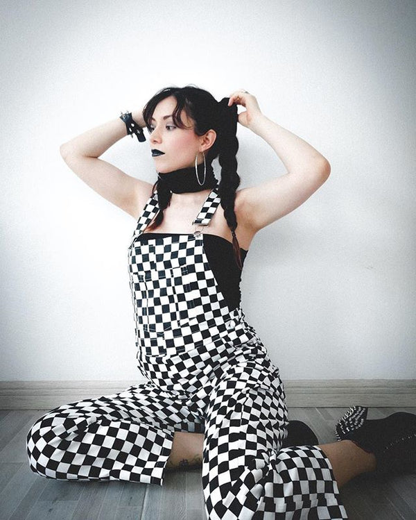 Black and white plaid strap jumpsuit KF80074