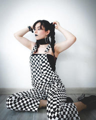 Black and white plaid strap jumpsuit KF80074