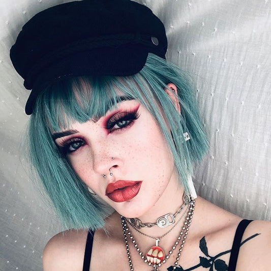 Green short straight wig KF9457