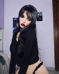 Black long straight wig set KF90408