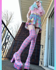 Pink plaid pleated skirt KF908011