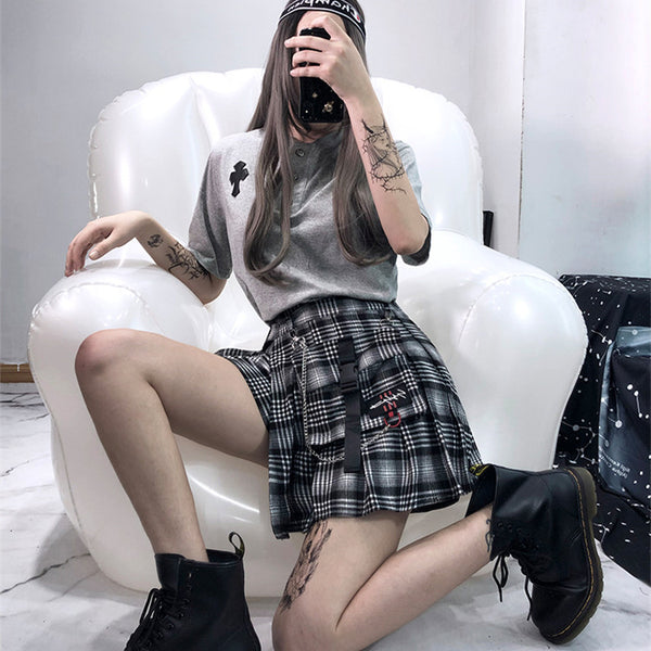 Ulzzang black plaid skirt KF90116