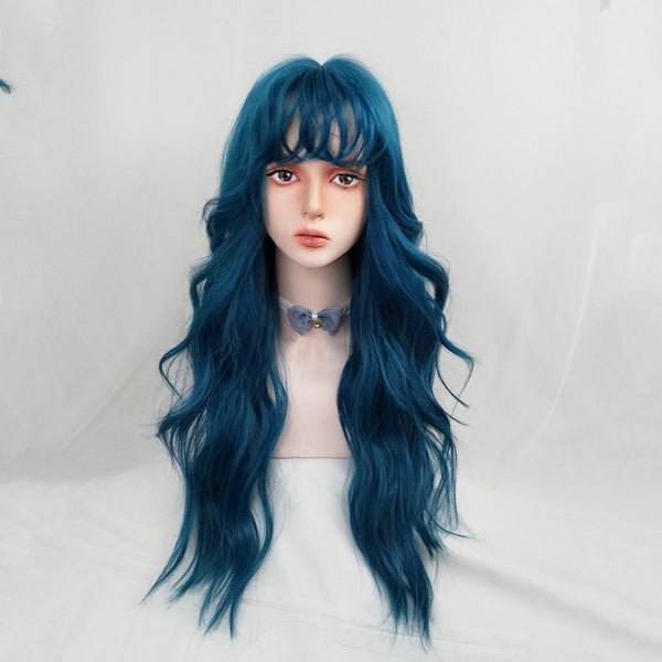 Blue green long curly wig KF82138