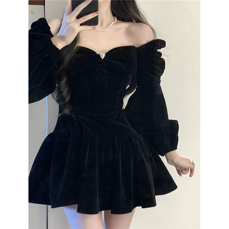 Off Shoulder Velvet Dress With Shiny Fabric Details