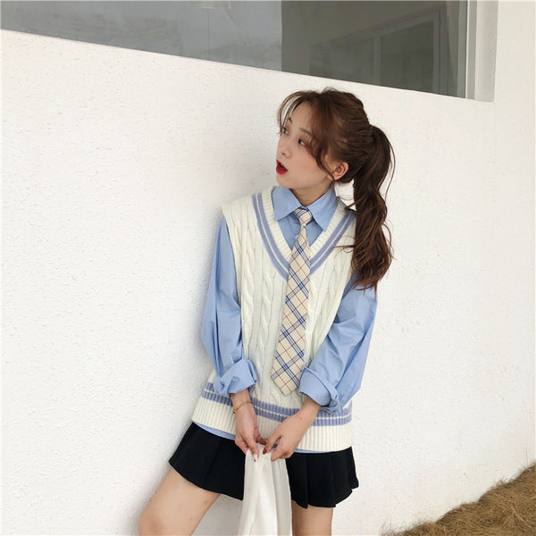 Chic blue shirt + vest KF90132