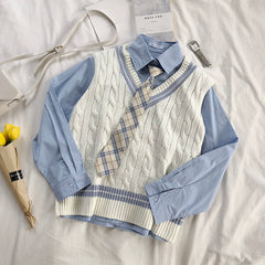 Chic blue shirt + vest KF90132