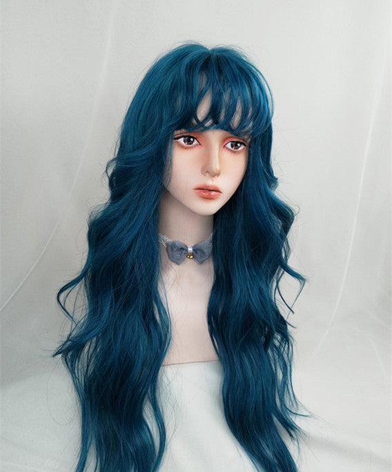 Blue green long curly wig KF82138