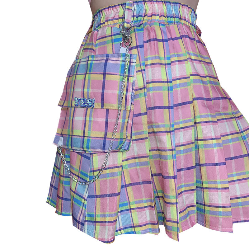 Pink plaid pleated skirt KF90538