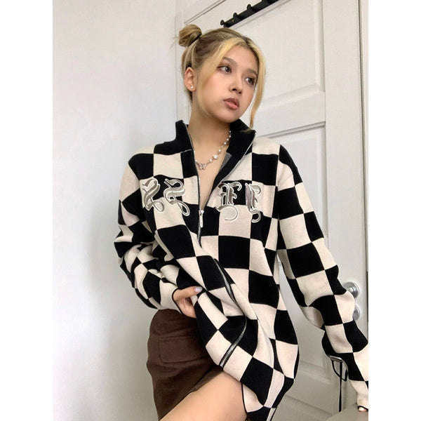 Black white plaid cardigan sweater KF82606