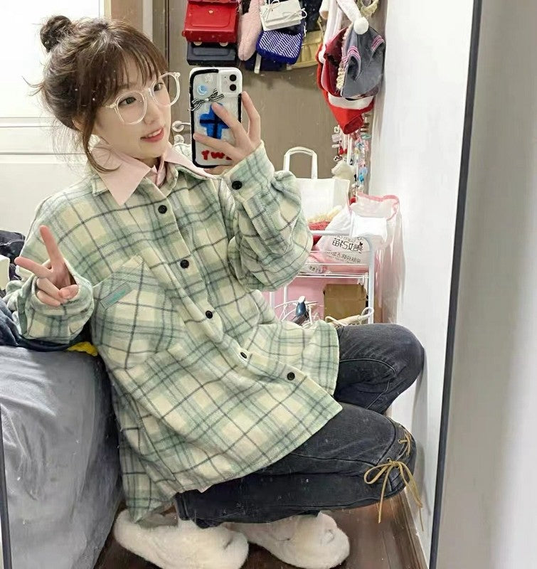 Green plaid long shirt KF2287