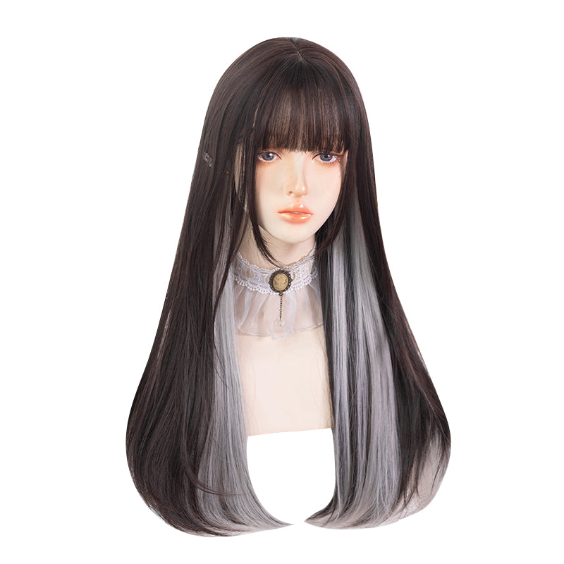 Black and white long straight wig KF82137