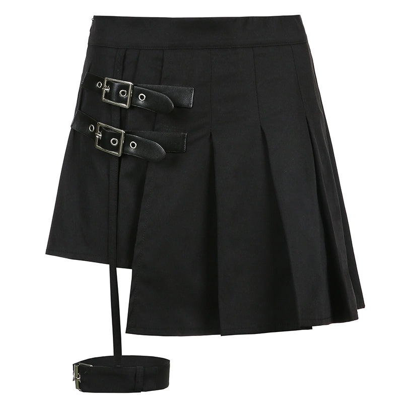 Punk asymmetric leather button pleated skirt   KF82160