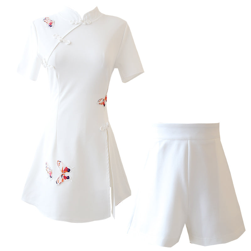Solid color cheongsam + shorts two-piece set   KF24031