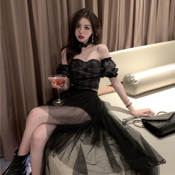 Plaid tube top + mesh skirt KF81380