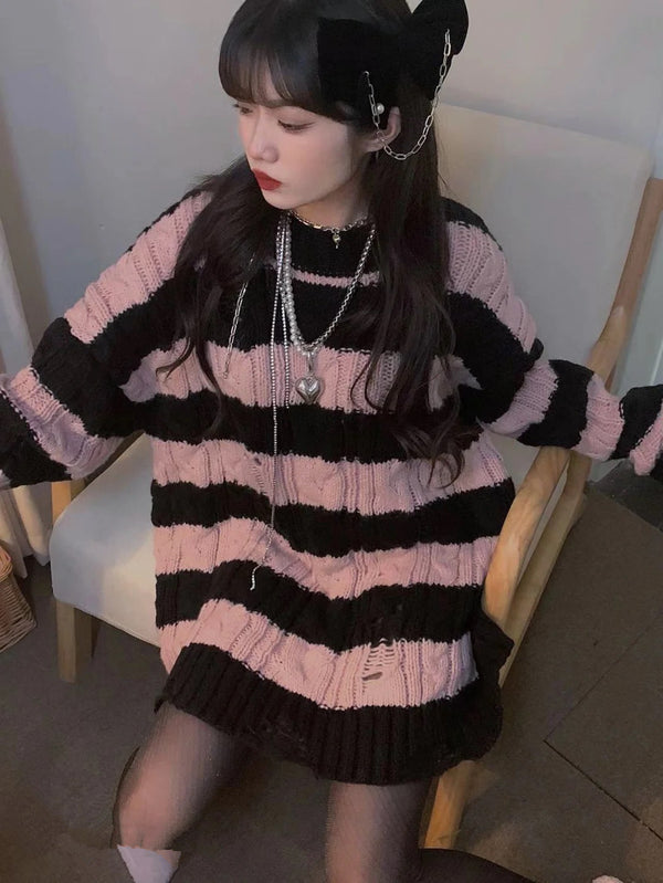 Black pink striped knitted sweater KF82608