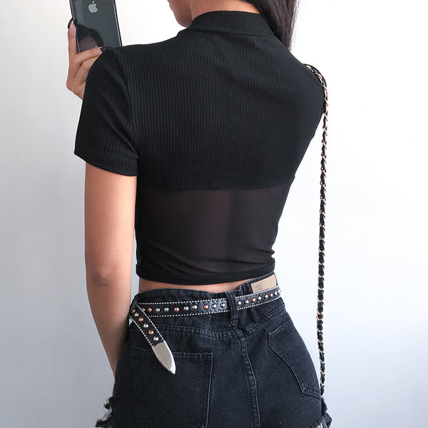 Black mesh stitching short sleeves  KF90440