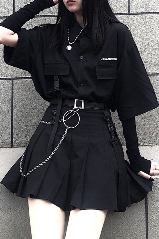 Dark top + belt + skirt suit KF82641