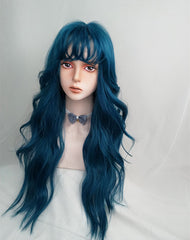 Blue green long curly wig KF82138