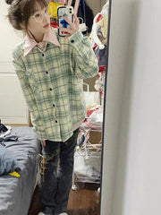 Green plaid long shirt KF2287