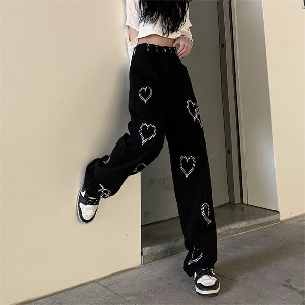 BLACK HEART PRINT JEANS  KF9166