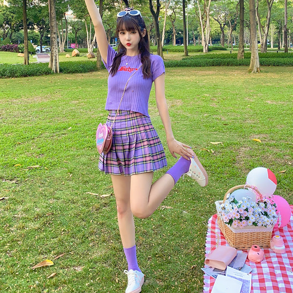 Purple pleated skirt suit KF82109