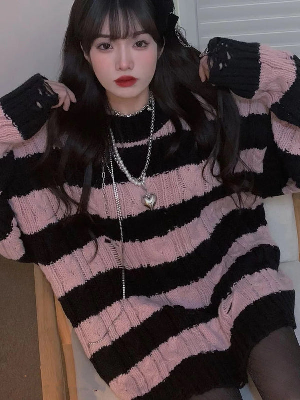 Black pink striped knitted sweater KF82608