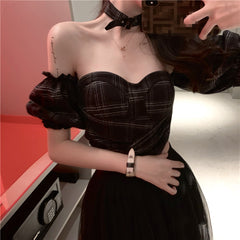 Plaid tube top + mesh skirt KF81380
