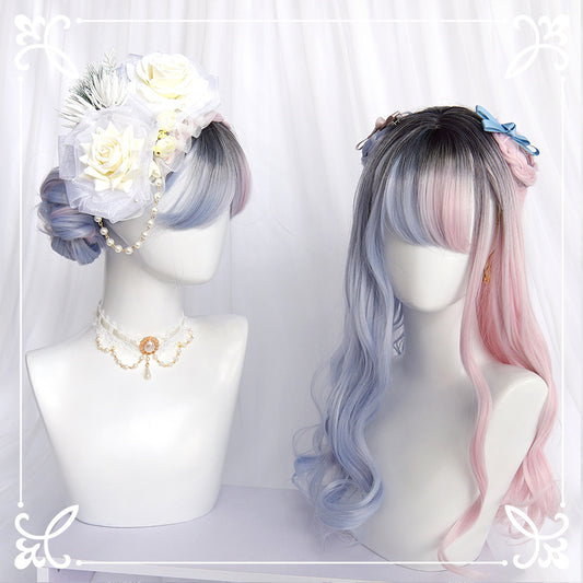 Pink blue long curly wig KF81672