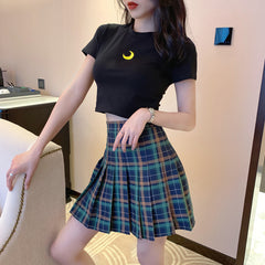 Embroidered T-shirt + plaid pleated skirt KF90649