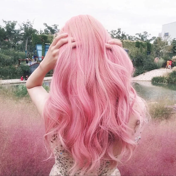 Pink long curly wig KF81507