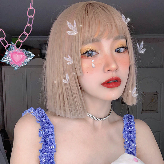 Milk tea short straight wig KF81665