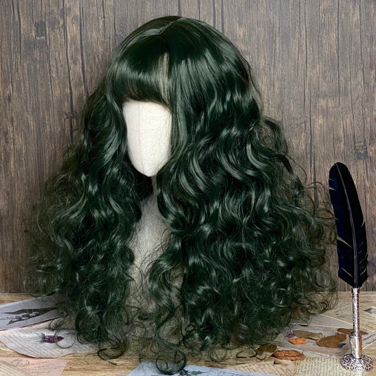 Dark green long curly wig KF81793