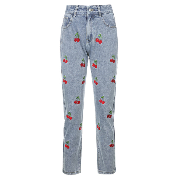 Cherry embroidered jeans KF82113