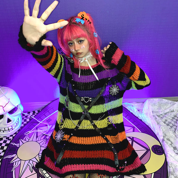 Punk long-sleeved ripped striped sweater   KF82339