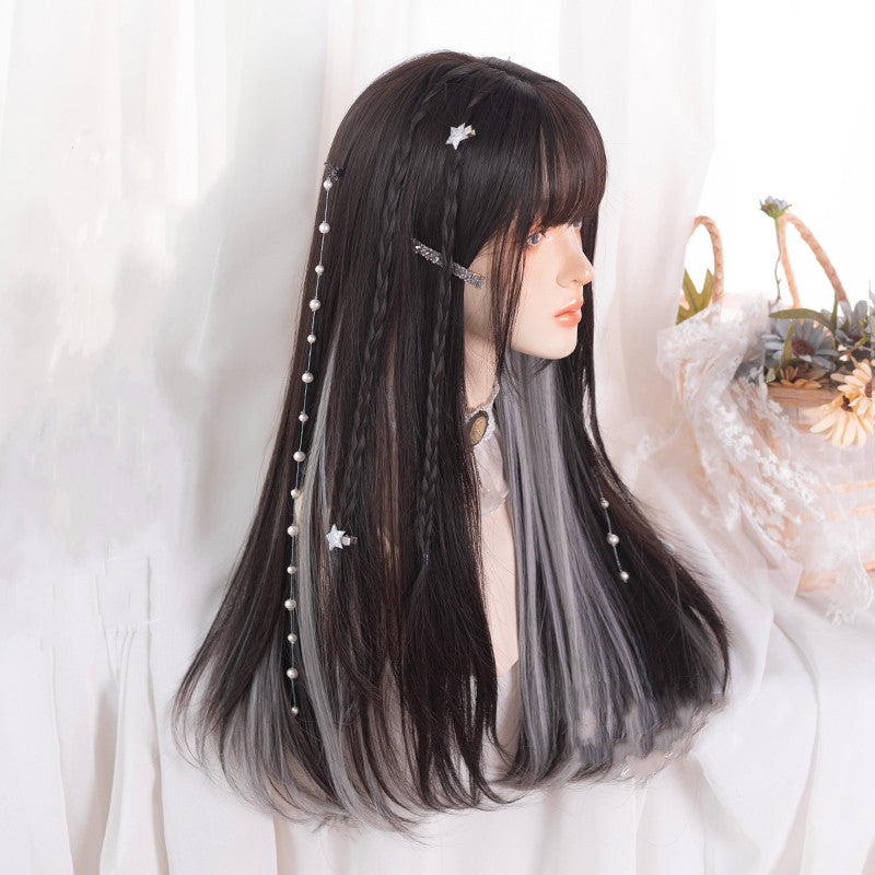 Black and white long straight wig KF82137