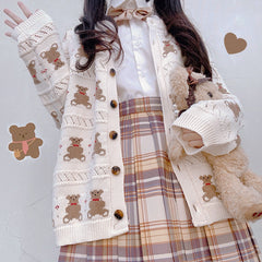 Bear knitted long sleeve coat KF82237
