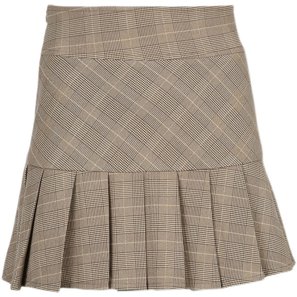 Khaki Check Pleated Skirt  KF90778