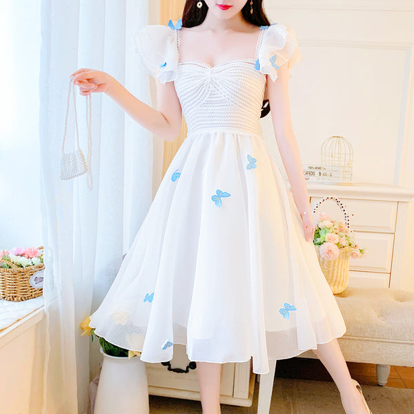 White Butterfly Print Dress   KF50089