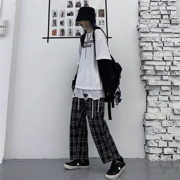 Black white plaid pants KF81444