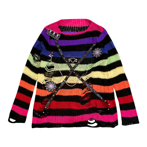Punk long-sleeved ripped striped sweater   KF82339
