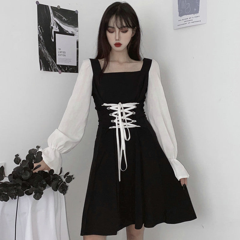 Lace-up black dress KF81975