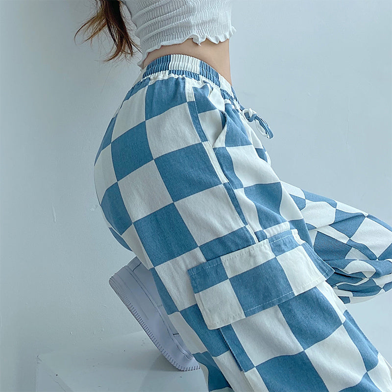 Blue and white plaid casual pants  KF82752