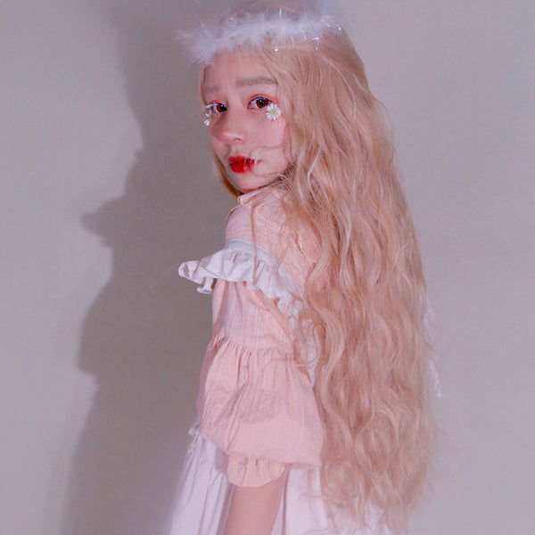 Cream Blonde Long Curly Wig KF9492