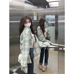 Green plaid long shirt KF2287