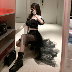 Plaid tube top + mesh skirt KF81380